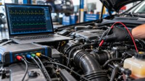 Technician performing predictive vehicle maintenance diagnostics using PicoScope waveform analysis on an engine sensor in Spring Park, MN