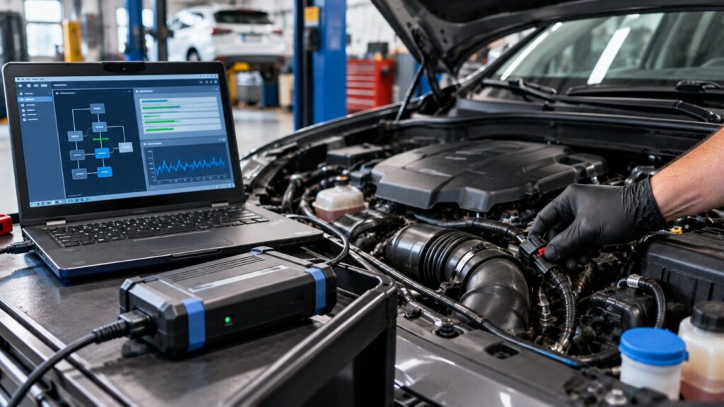 Technician diagnosing sensor faults after a vehicle software update using factory-level diagnostic equipment in Spring Park, MN