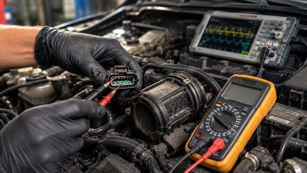 Technician testing a corroded vehicle sensor connector with a multimeter in Spring Park, MN