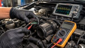 Technician testing a corroded vehicle sensor connector with a multimeter in Spring Park, MN