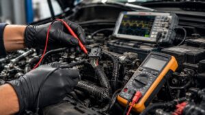 Technician testing a wiring harness with a multimeter and oscilloscope for multiple sensor codes and check engine light problems