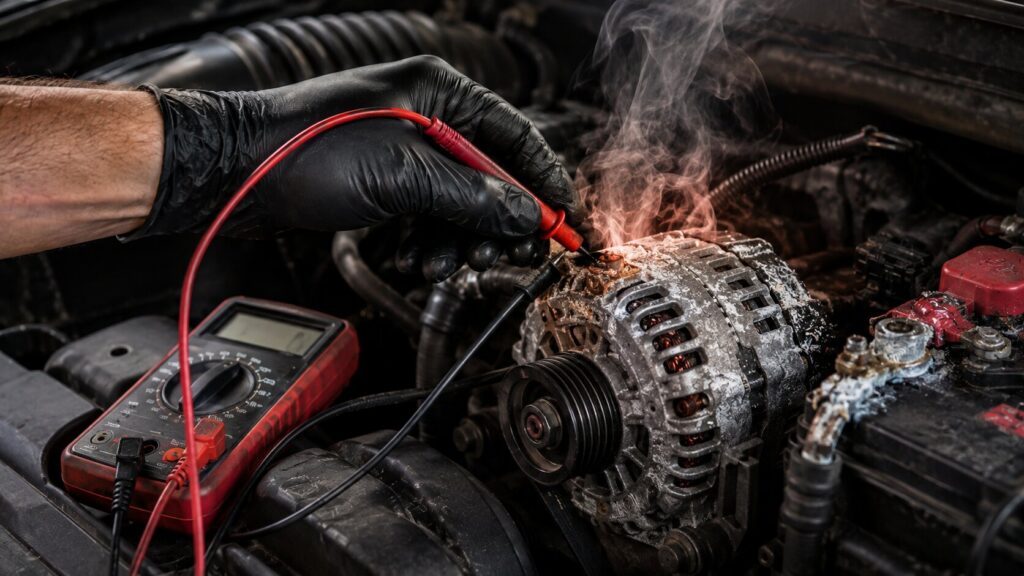 Technician testing an overheating alternator after detecting a burning smell in Spring Park, MN