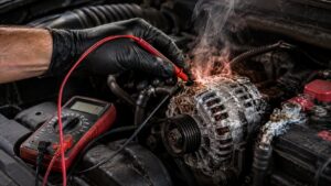 Technician testing an overheating alternator after detecting a burning smell in Spring Park, MN