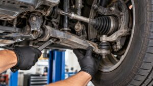 Mechanic inspecting lower control arm, ball joint, and suspension bushings for bent or worn parts before wheel alignment.