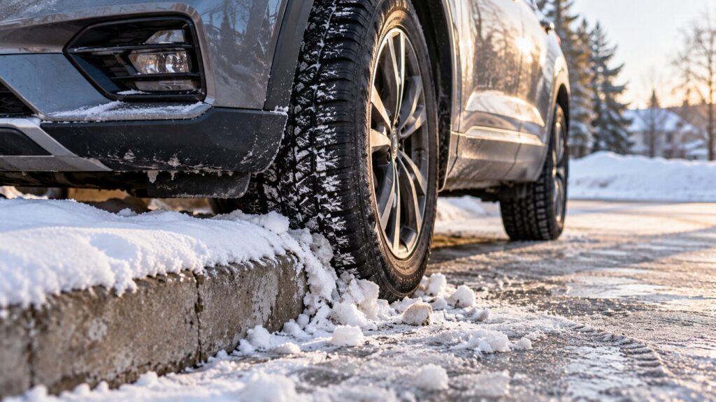 Car front wheel near a snow-covered curb illustrating hidden suspension damage and wheel alignment problems after a winter curb impact in Spring Park, MN.