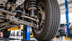 Close-up of high-mileage vehicle suspension components, control arms, steering linkage, and front tire during a suspension inspection near Mound, MN.