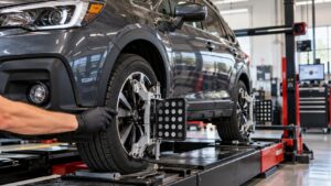 Technician performing AWD four-wheel alignment on an SUV using computerized alignment targets at an automotive repair shop.