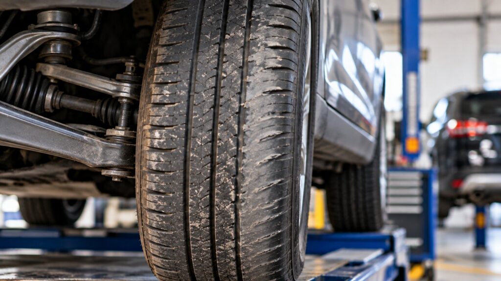 Close-up of uneven tire tread wear and feathering caused by incorrect toe alignment on a vehicle in Spring Park, MN.