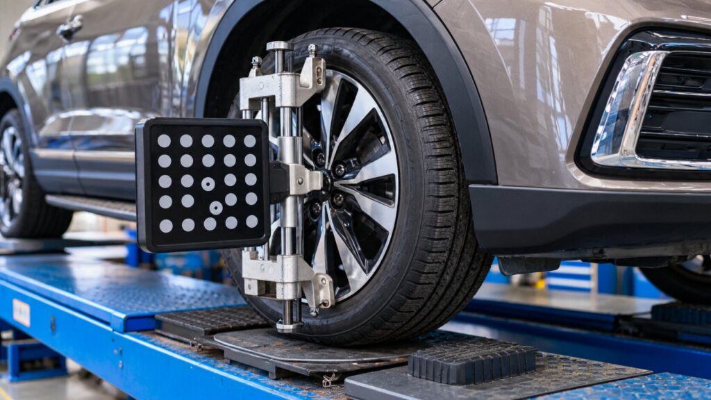 Close-up of a digital wheel alignment target mounted on an SUV wheel during a precision alignment inspection.