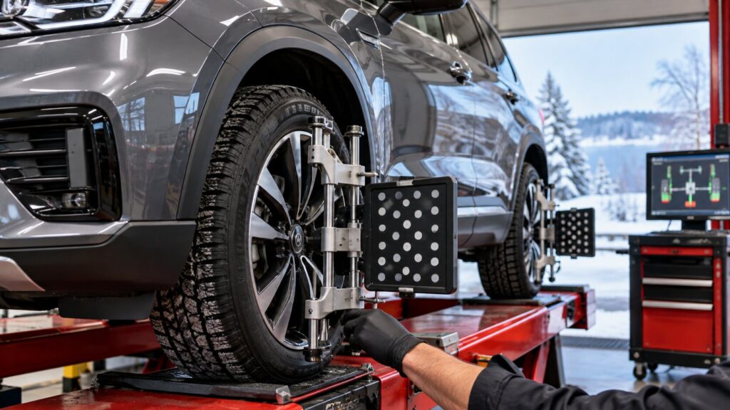 Professional SUV four-wheel alignment service using digital alignment equipment at Certified Auto Repair in Spring Park, MN.