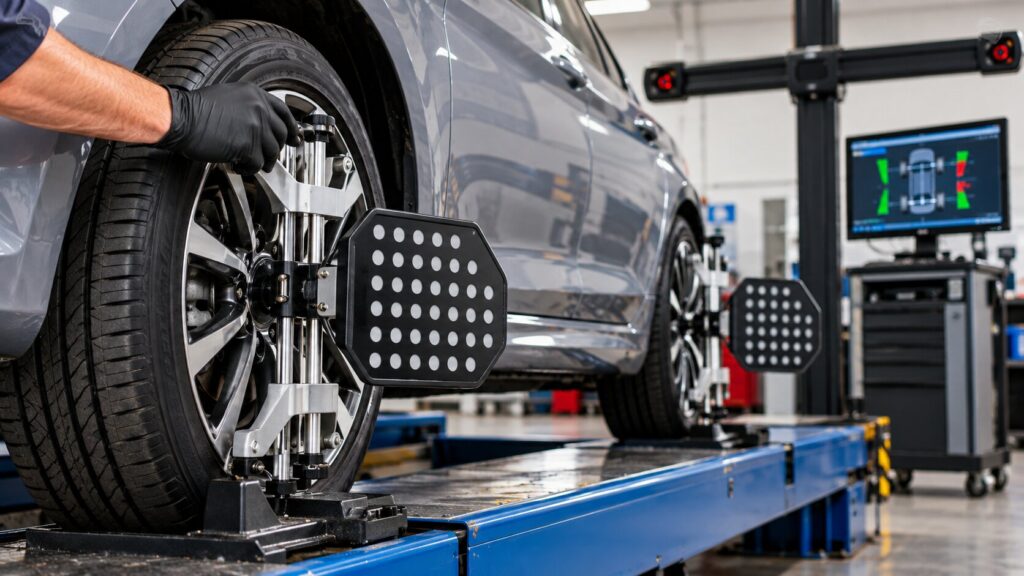 Professional wheel alignment inspection in Spring Park MN using digital alignment equipment to measure wheel angles on a vehicle.