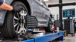 Professional wheel alignment inspection in Spring Park MN using digital alignment equipment to measure wheel angles on a vehicle.