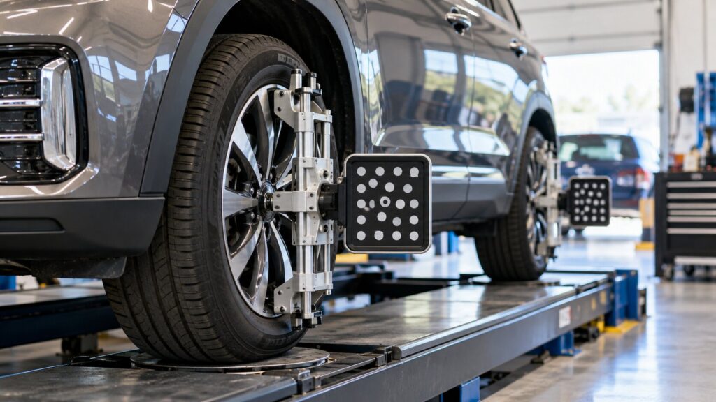 Family SUV undergoing a professional four-wheel alignment inspection with digital alignment sensors in Spring Park, MN.