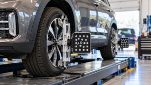 Family SUV undergoing a professional four-wheel alignment inspection with digital alignment sensors in Spring Park, MN.