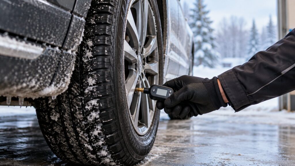 Mechanic checking cold tire pressure with a digital gauge to diagnose a car pulling to one side during Minnesota winter weather.